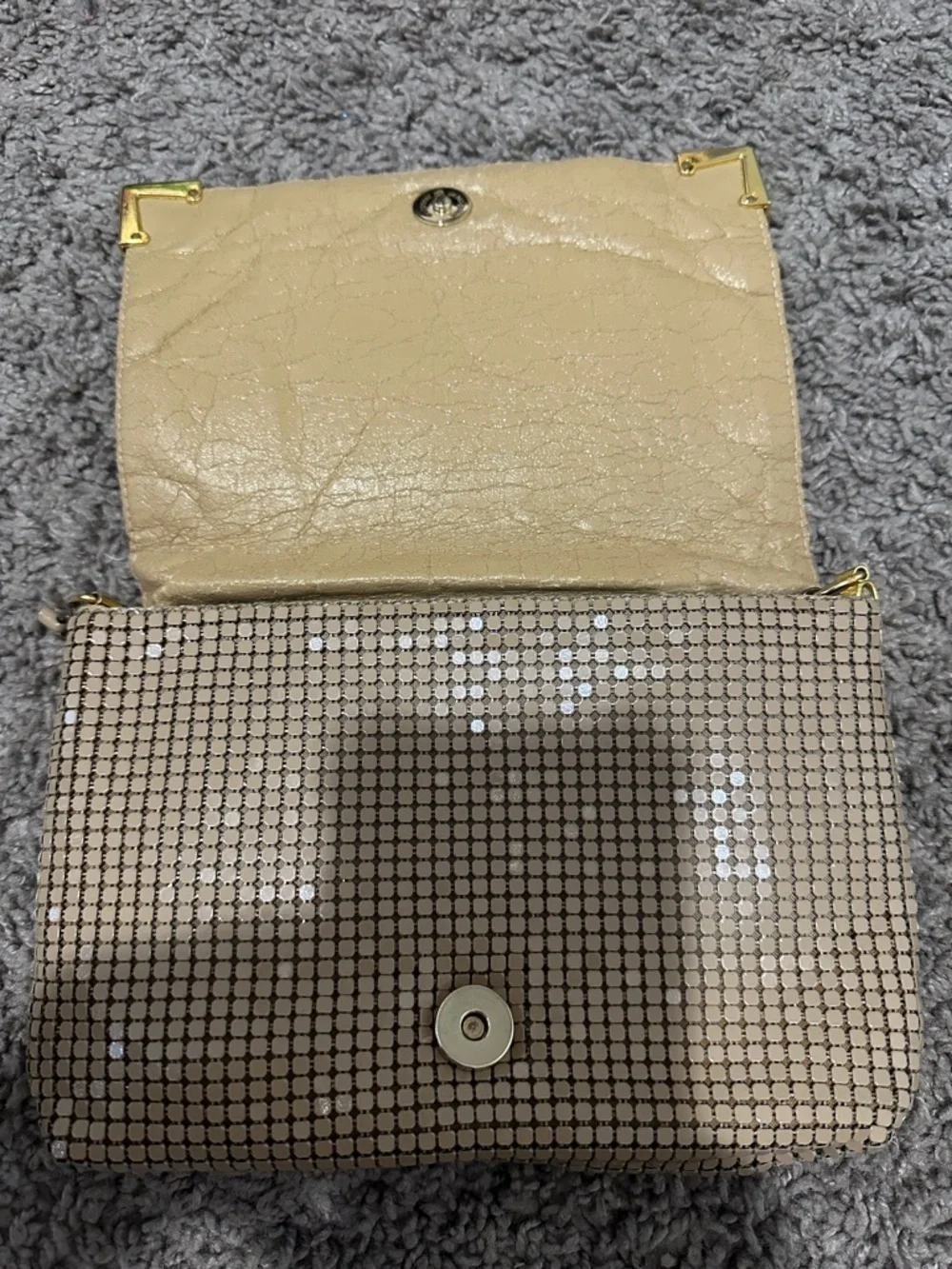 Metallic Beige Mesh Wristlet Clutch with Gold Accents